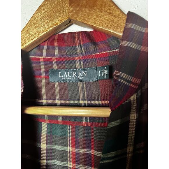Lauren Ralph Lauren Plaid Twist Front Blouse L Red Green Long Sleeve Draped - Picture 6 of 11